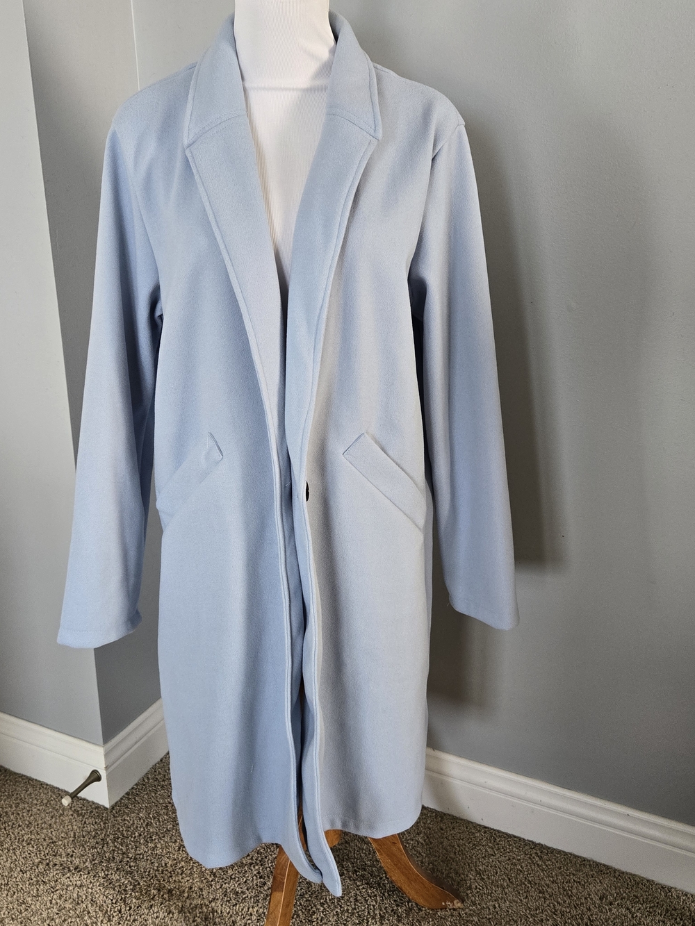 NWOT Women's Pastel Blue Long Open-Front Trench Coat
